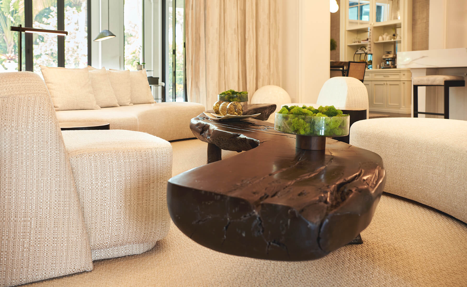 Jupiter-Interior-Designer-01 Living room with sculptural wood coffee table, designed by Passerini in Jupiter, FL